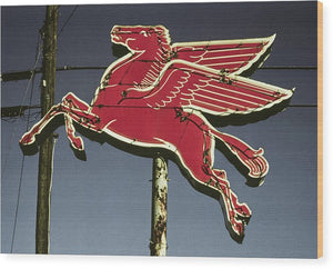 Old, Vintage Gas Sign - Mobil Flying Red Horse - Wood Print