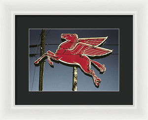 Old, Vintage Gas Sign - Mobil Flying Red Horse - Framed Print