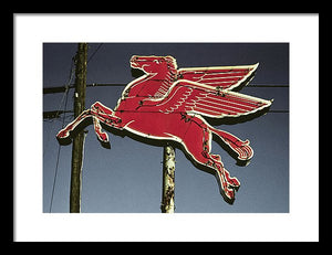 Old, Vintage Gas Sign - Mobil Flying Red Horse - Framed Print