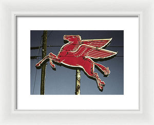 Old, Vintage Gas Sign - Mobil Flying Red Horse - Framed Print