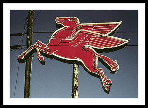 Old, Vintage Gas Sign - Mobil Flying Red Horse - Framed Print