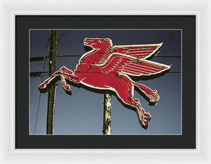 Old, Vintage Gas Sign - Mobil Flying Red Horse - Framed Print