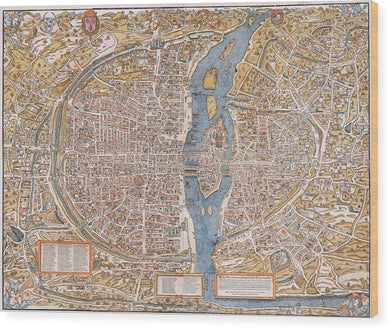 Old Map Of Paris 1550 - Wood Print