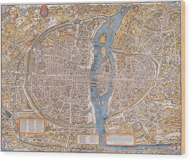 Old Map Of Paris 1550 - Wood Print