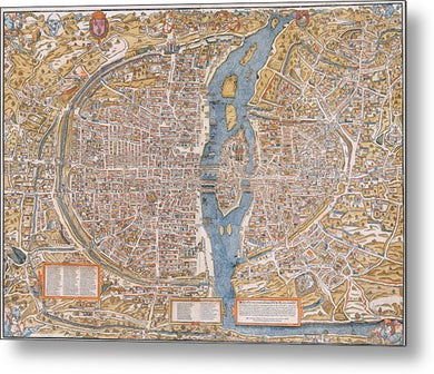 Old Map Of Paris 1550 - Metal Print