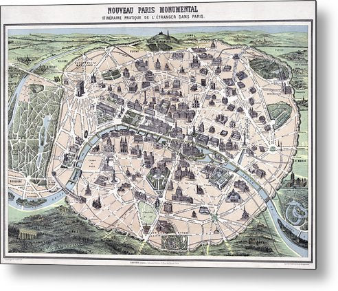 Old Historic Map Paris Monuments 1878 - Metal Print