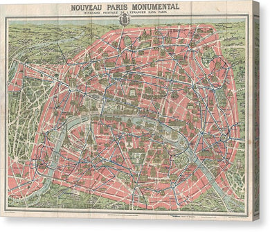 Old Map Paris Monuments 1928 - Canvas Print