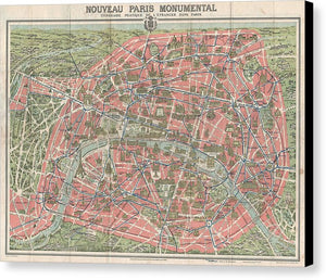 Old Map Paris Monuments 1928 - Canvas Print