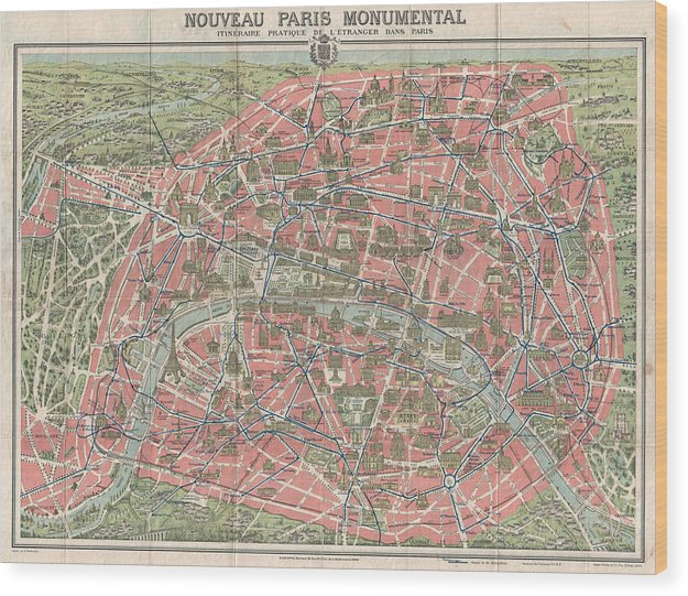 Old Map Paris Monuments 1928 - Wood Print