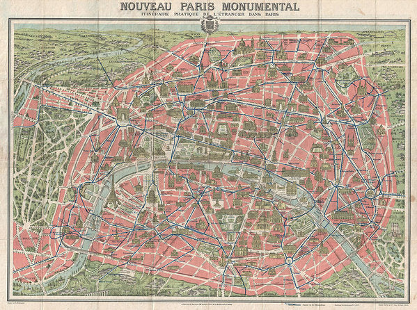 Old Map Paris Monuments 1928 - Art Print