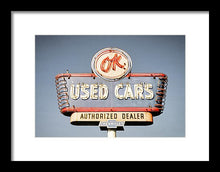 Load image into Gallery viewer, Photo Of A Vintage Ok Used Cars Sign - Framed Print