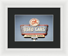 Load image into Gallery viewer, Photo Of A Vintage Ok Used Cars Sign - Framed Print