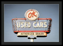 Load image into Gallery viewer, Photo Of A Vintage Ok Used Cars Sign - Framed Print