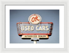 Load image into Gallery viewer, Photo Of A Vintage Ok Used Cars Sign - Framed Print