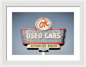 Photo Of A Vintage Ok Used Cars Sign - Framed Print