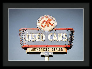 Photo Of A Vintage Ok Used Cars Sign - Framed Print