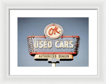 Load image into Gallery viewer, Photo Of A Vintage Ok Used Cars Sign - Framed Print