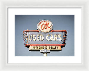 Photo Of A Vintage Ok Used Cars Sign - Framed Print