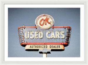 Photo Of A Vintage Ok Used Cars Sign - Framed Print