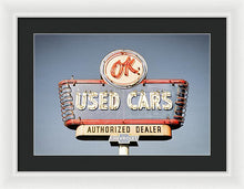 Load image into Gallery viewer, Photo Of A Vintage Ok Used Cars Sign - Framed Print