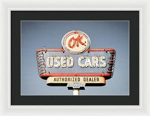 Photo Of A Vintage Ok Used Cars Sign - Framed Print