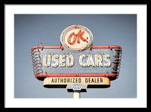 Load image into Gallery viewer, Photo Of A Vintage Ok Used Cars Sign - Framed Print