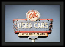 Load image into Gallery viewer, Photo Of A Vintage Ok Used Cars Sign - Framed Print