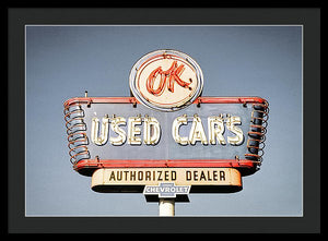 Photo Of A Vintage Ok Used Cars Sign - Framed Print