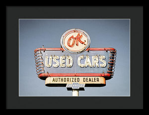 Photo Of A Vintage Ok Used Cars Sign - Framed Print