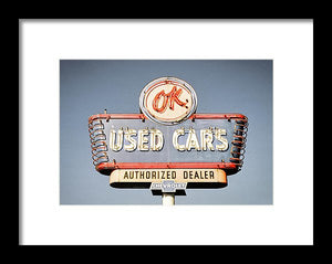 Photo Of A Vintage Ok Used Cars Sign - Framed Print