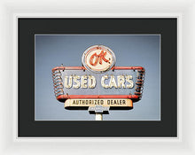 Load image into Gallery viewer, Photo Of A Vintage Ok Used Cars Sign - Framed Print