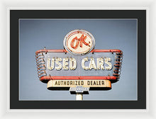 Load image into Gallery viewer, Photo Of A Vintage Ok Used Cars Sign - Framed Print