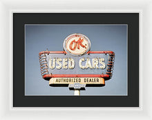 Load image into Gallery viewer, Photo Of A Vintage Ok Used Cars Sign - Framed Print