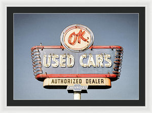 Photo Of A Vintage Ok Used Cars Sign - Framed Print