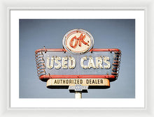 Load image into Gallery viewer, Photo Of A Vintage Ok Used Cars Sign - Framed Print