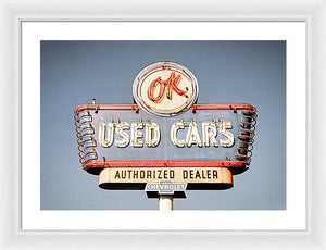 Photo Of A Vintage Ok Used Cars Sign - Framed Print