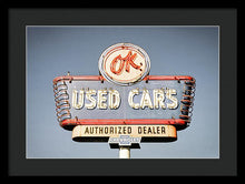 Load image into Gallery viewer, Photo Of A Vintage Ok Used Cars Sign - Framed Print