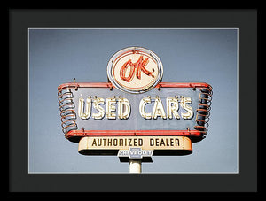 Photo Of A Vintage Ok Used Cars Sign - Framed Print