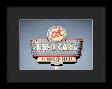 Load image into Gallery viewer, Photo Of A Vintage Ok Used Cars Sign - Framed Print