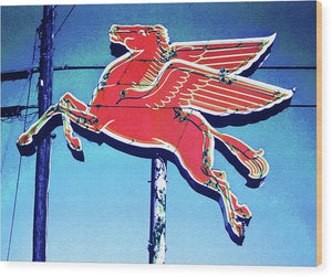 Vintage Mobil Pegasus Winged Horse Sign - Wood Print