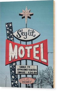 Vintage Motel Sign - Sky Lit - Wood Print